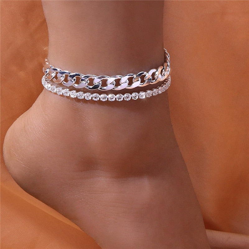 Huitan Rhinestone Chain Women&#39;s Anklets Silver Color/Gold Color Luxury Bracelet on Leg Accessories Wedding Party Fashion Jewelry