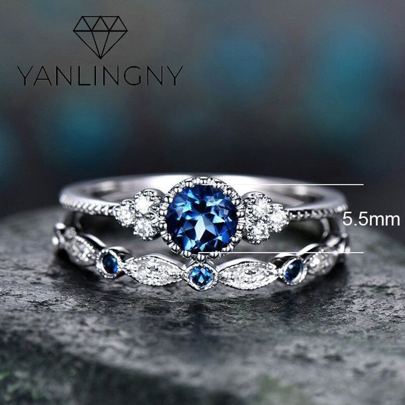 2Pcs/Set Classic Silver Plated Ring Green Blue Round Cut Created Birthstone Delicate Slim Ring for Women Bride Wedding Jewlery