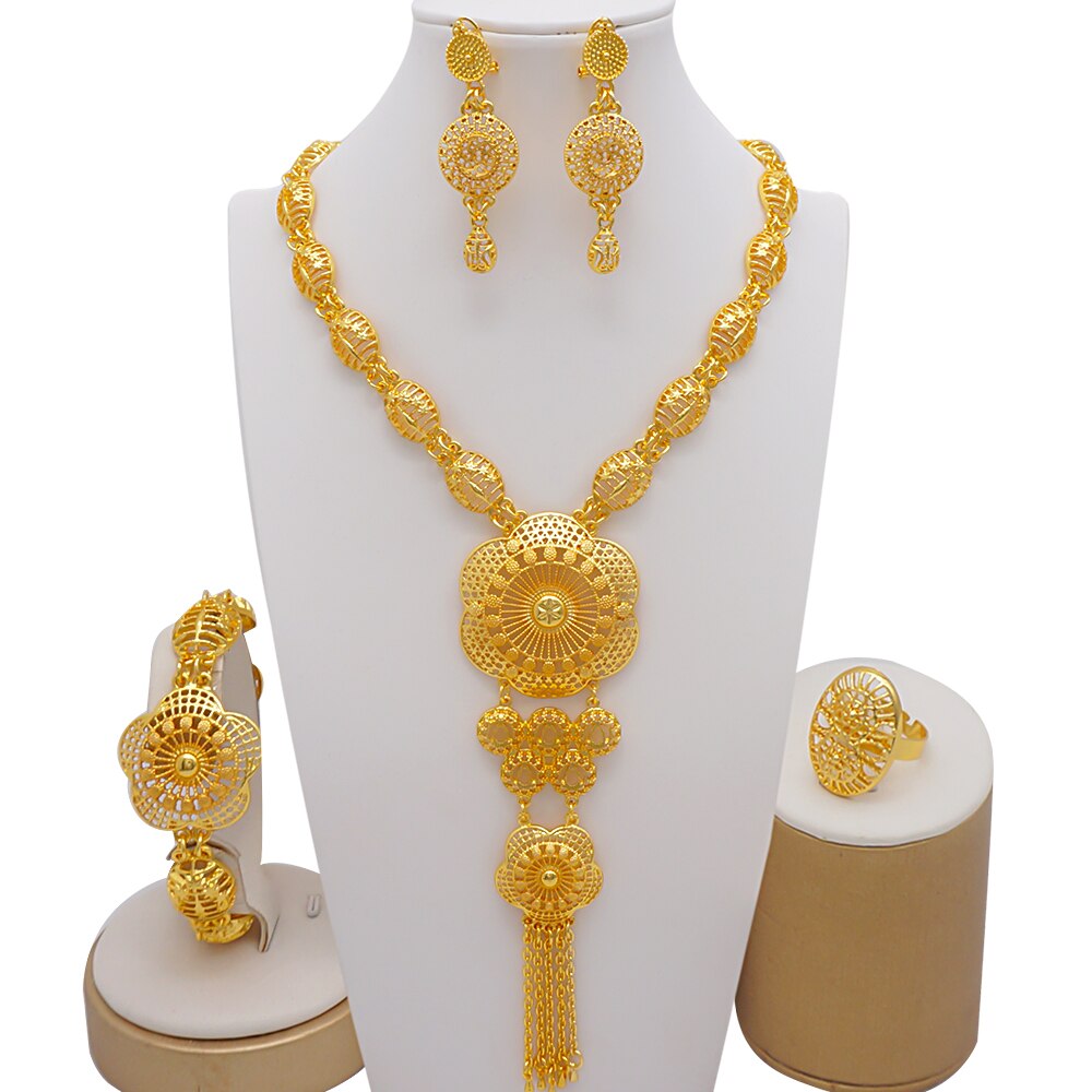 Dubai Indian Gold Color Necklace Bracelet Earrings Ring Jewelry Sets For Women Ethiopian Nigerian Bridal Wedding Jewellery Gifts