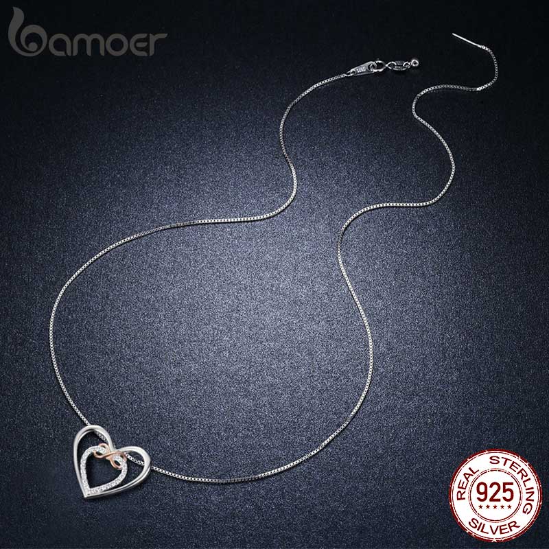 Bamoer 925 Sterling Silver Elegant Double Heart Infinity Love Pendant Necklace for Women Fine Jewelry Anniversary Gift SCN121