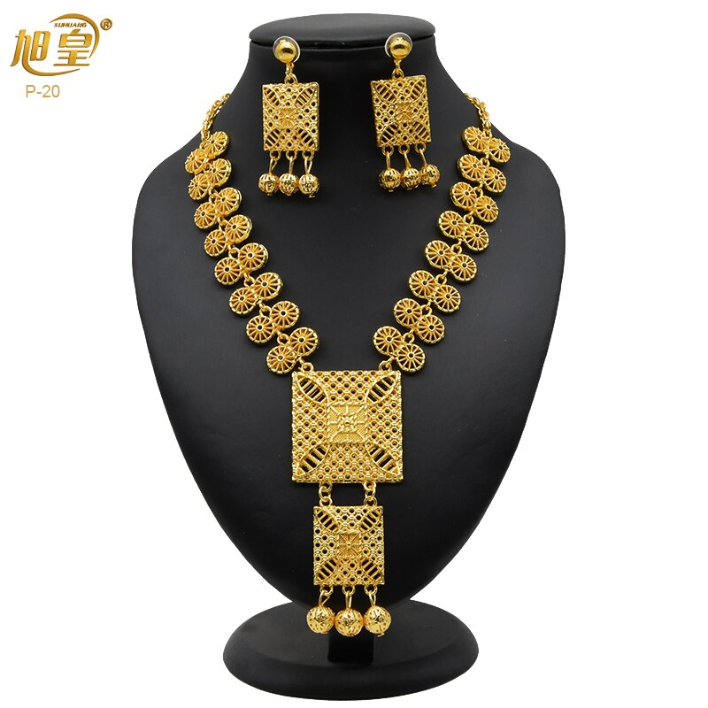 XUHUANG Ethiopian Gold Plated Jewelry Set For Women Dubai Bridal Wedding Necklace And Earring Set Moroccan African Jewelry Gift