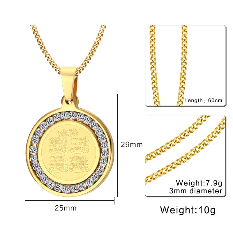 Mens Necklace 4 Qul Muslim Islamic Hajj Umrah Pendant Stainless Steel Gold Color CZ Stone Men Fashion Necklace