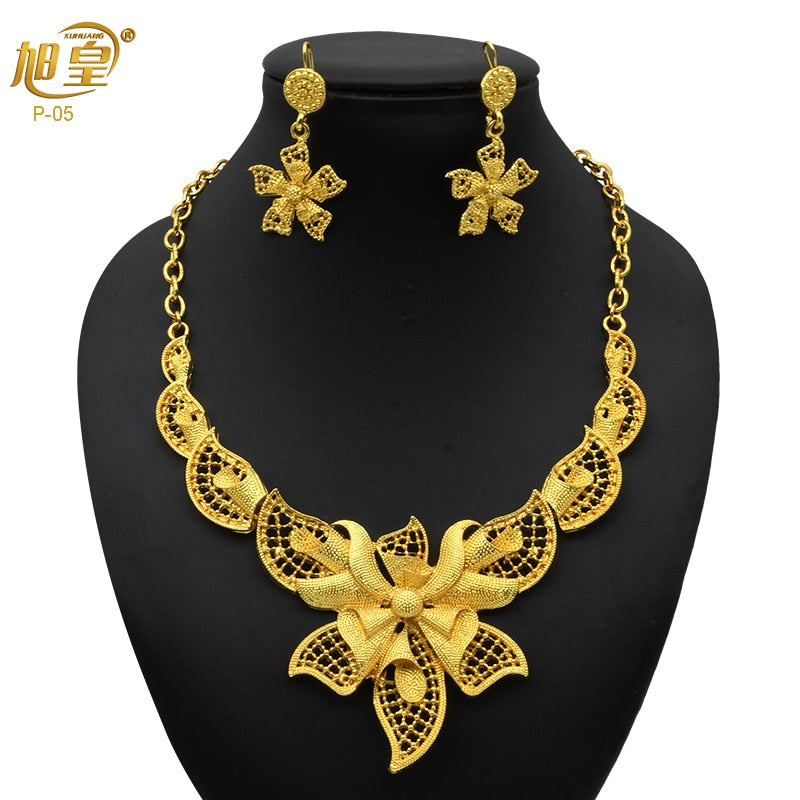 XUHUANG Dubai 24K Plated Necklace Earring Set Arabic Ethiopian Nigerian Banquet Wedding Party Necklace Choker Jewellery Set Gift