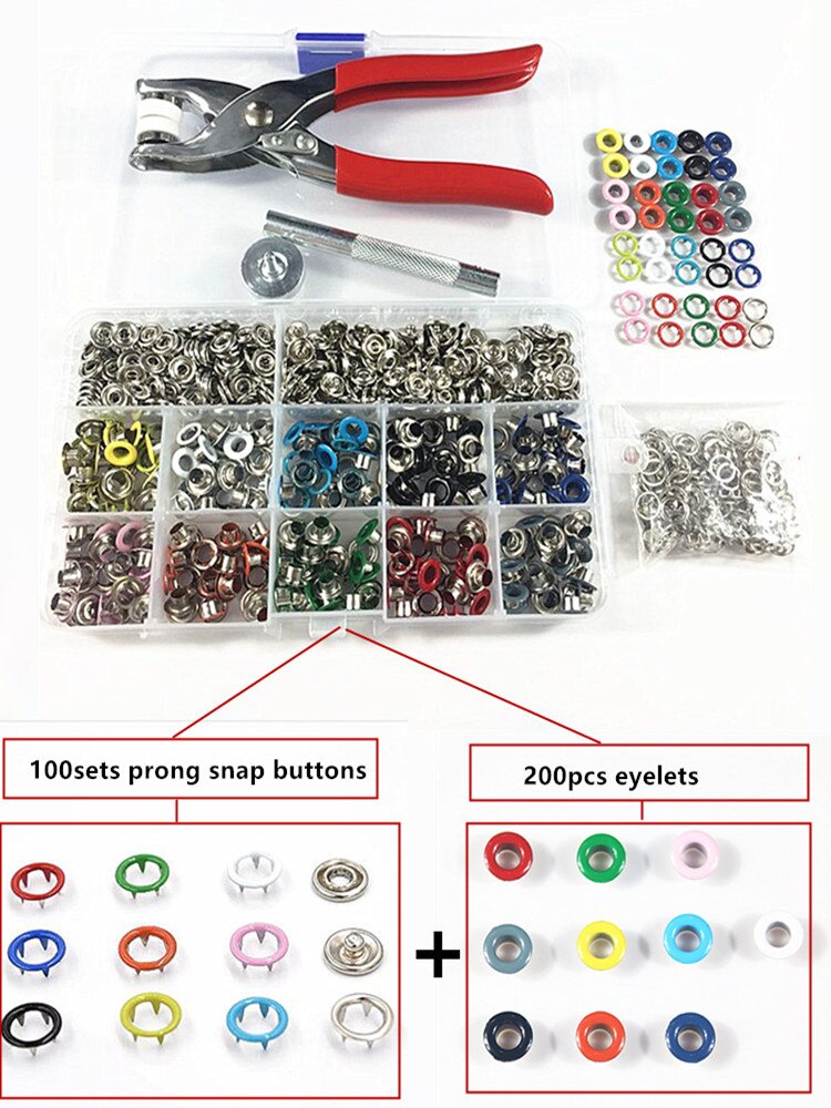 1pc Plier+1set Eyelets Tool+100sets 10 Colors 9.5mm Prong Snap Buttons Fasteners Press Studs Poppers Buckle+200pcs 5mm Eyelets