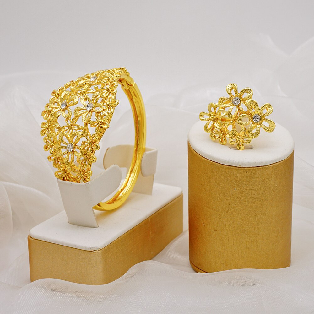 Fine Dubai Gold Color Hollow Out Flower Bracelet For Women African Bangle Ring Ethiopian Jewelry Bridal Wedding Gifts Party