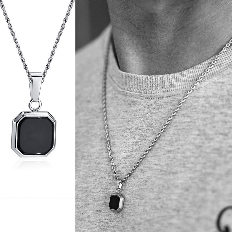 Vnox Geometric Square Necklaces for Men, Enamel Square Pendant with Rope Cuban Figaro Box Chain, Casual Vintage Cool Collar