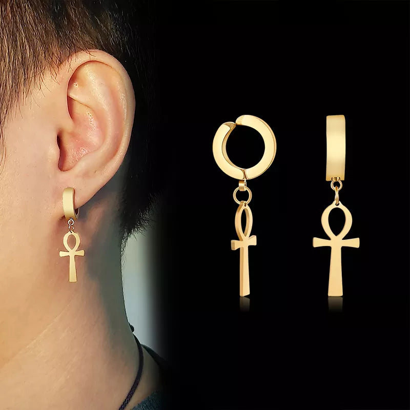 Vnox Unisex Ankh Cross Dangle Earrings for Women Men Glossy Stainless Steel Hoop Circle Clip Egypthian Ethic Jewelry