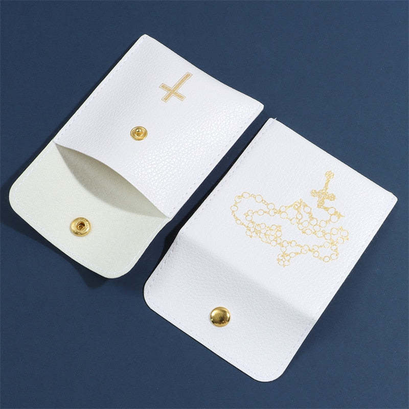 Pu Leather Bags for Rosary Necklace White Religion Jewelry Pouch with Cross Gift Packaging Buckle Bag Jewelry Storage Pouches