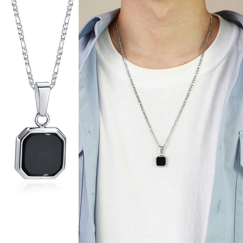 Vnox Geometric Square Necklaces for Men, Enamel Square Pendant with Rope Cuban Figaro Box Chain, Casual Vintage Cool Collar