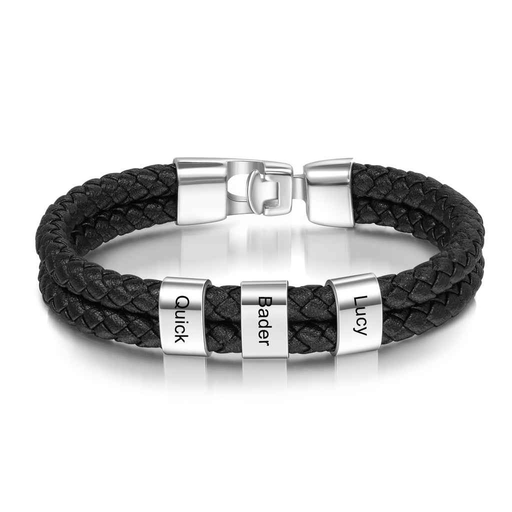 JewelOra Personalized Engraved Family Name Beads Bracelets Black Braided Leather Stainless Steel Bracelets for Men Fathers