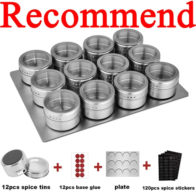 Magnetic Spice Jar Stainless Steel Seasoning Pot Set Household Condiment Bottle Magnetic Tank Rack with Stickers Kitchen Tools