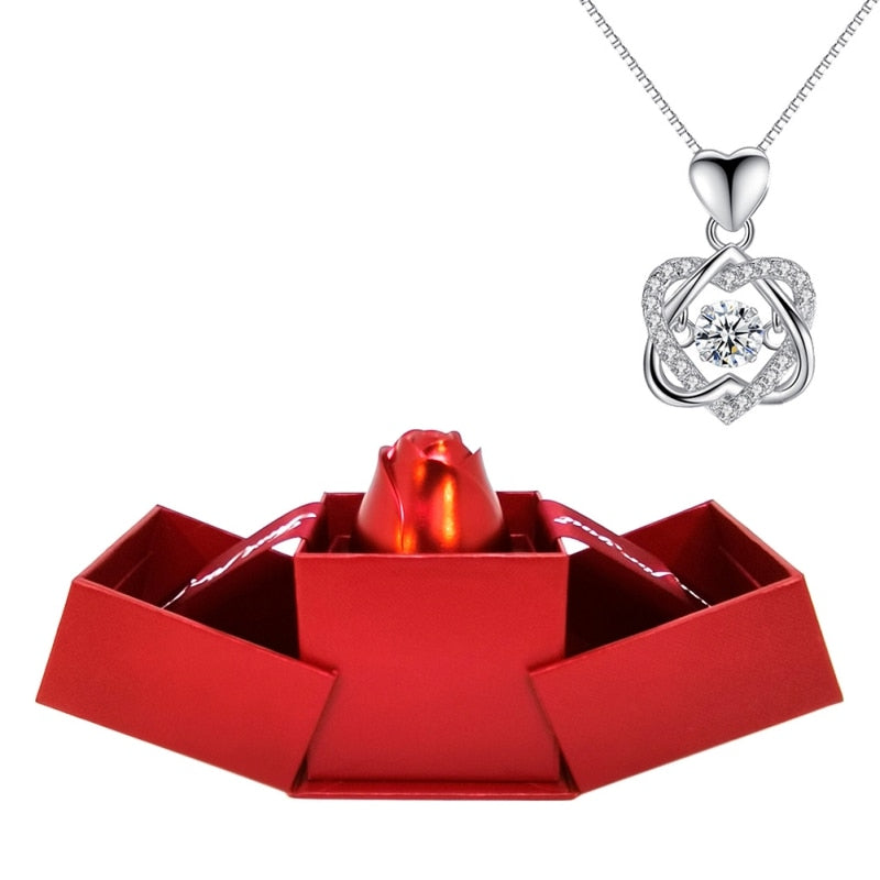 Rose Holder Eternal Love Necklace Set Romantic Rhombus Zircon Pendant With Immortal Valentines&#39; Day Gifts