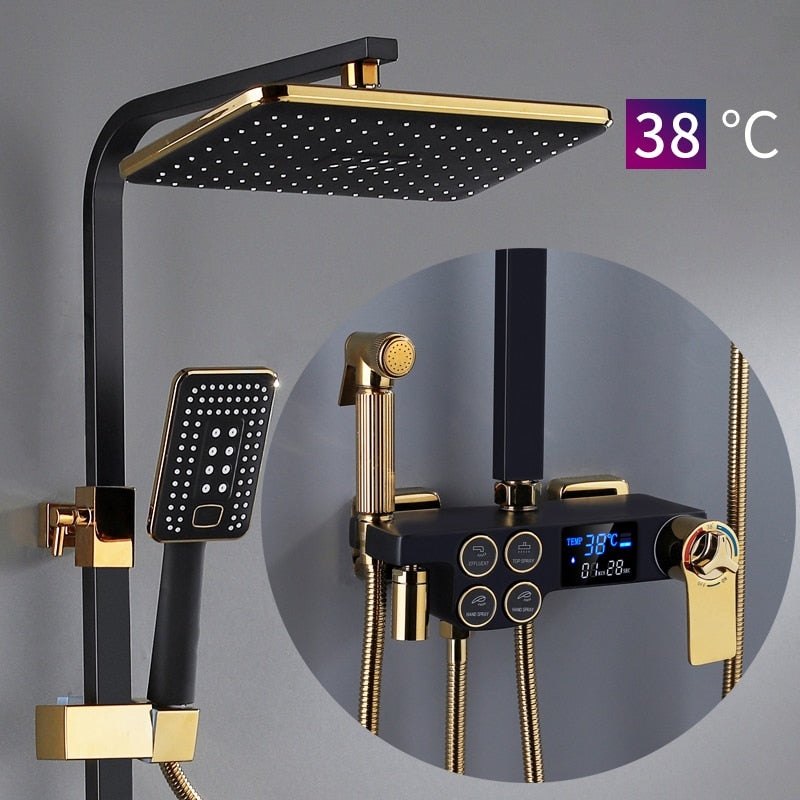 Hot and Cold Digital Shower Set Faucet Bathroom Shower System Black Gold Shower Faucet Square Shower Head  Bath Shower System