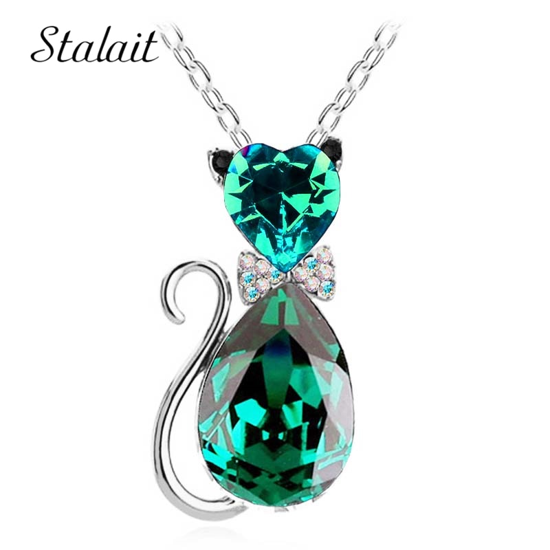 Cute Cat Pendant Necklace For Women Heart Crystal Jewelry Austrian Crystal Clavicle Chain Necklace