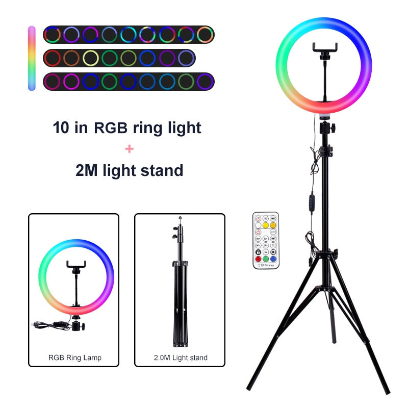 PYNSSEU 26cm LED Circle Round Light with 1.1/1.6/2.0M RGB lamp Stand Dimmable 10" Selfie Circle Round Lamp with Phone Clip for Youtube Makeup