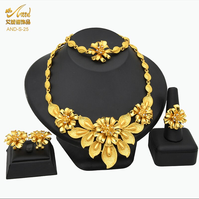 ANIID African Jewelry Set Big Necklace Dubai Ethiopian Gold Color Jewelery Earring Bracelet For Women Bridal Choker Wholesale