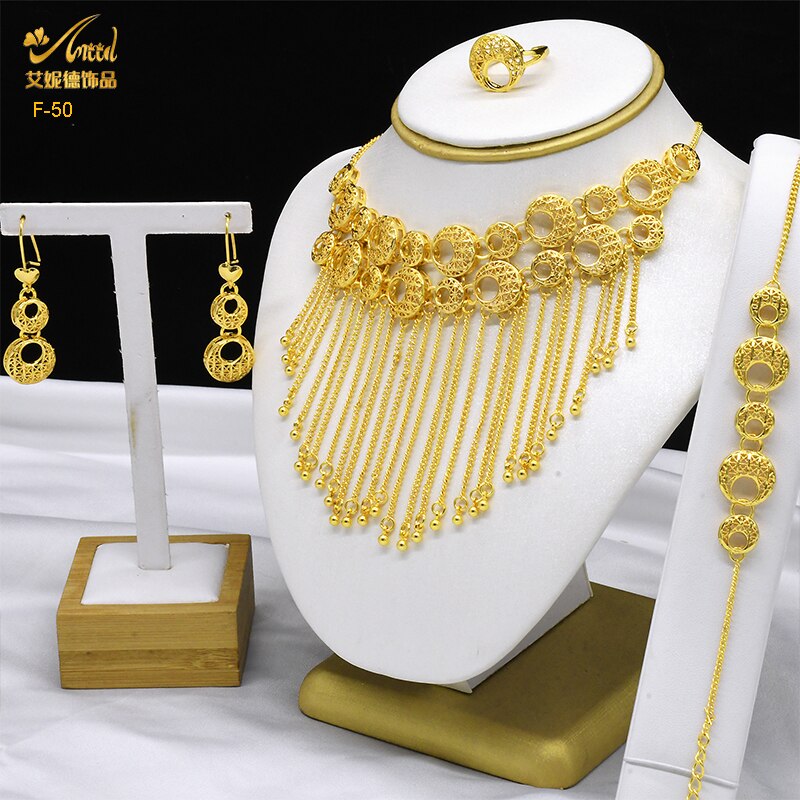 ANIID Dubai Tassel Gold Plated Jewelry Sets For Women Fashion Indian Bridal Necklace And Earring 4Pcs Set Ethiopian Party Gifts