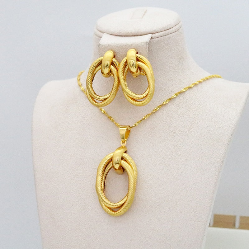 24k Gold Plated Ethiopian Earrings Pendant Necklace Set Dubai Women's Jewelry Set Africa India Nigeria Wedding Gift Party Jewelr