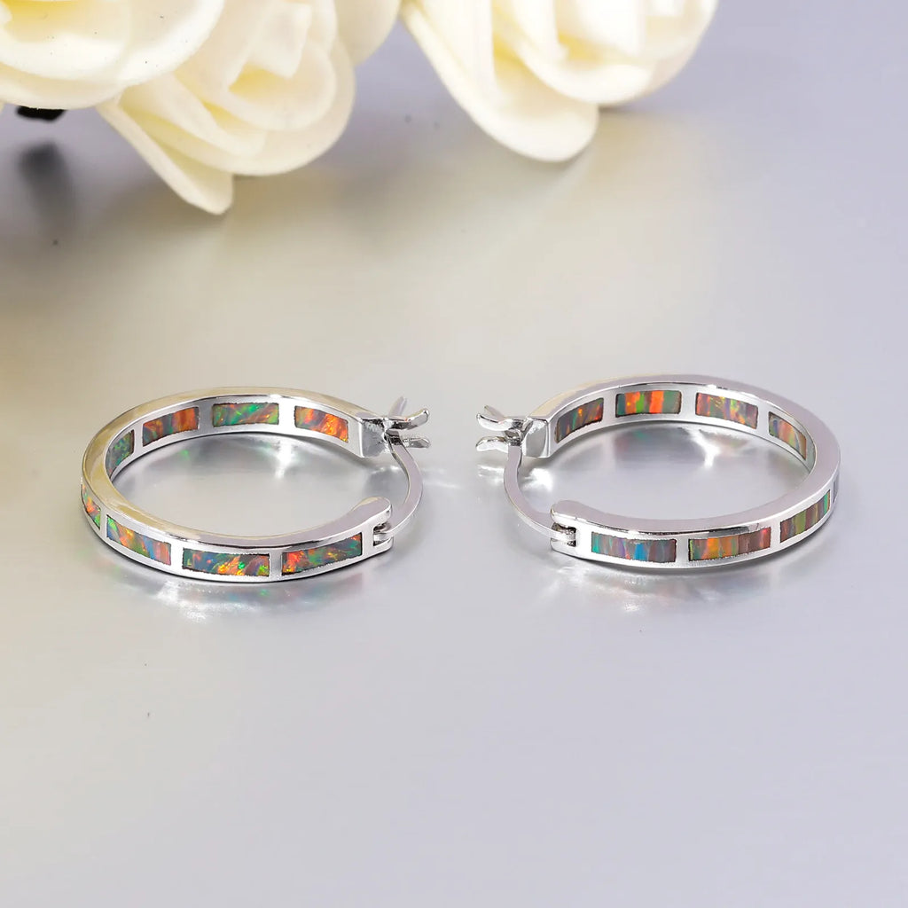 CiNily White Fire Opal Hoop Earrings With Stone Silver Plated Small Round Circle Chic Summer Punk Jewelry Best Gifts for Woman