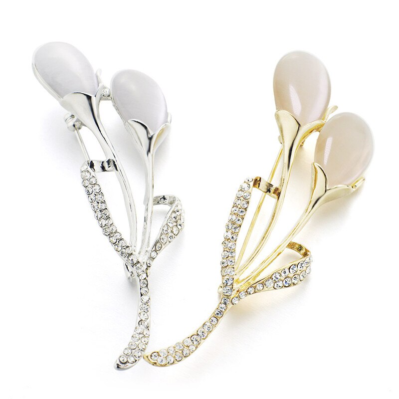 Dalaful Fashion Chic Tulip Flower Brooch Pin Rhinestone Crystal Opal Stone Exquisite Garment Accessories Brooches For Women Z074