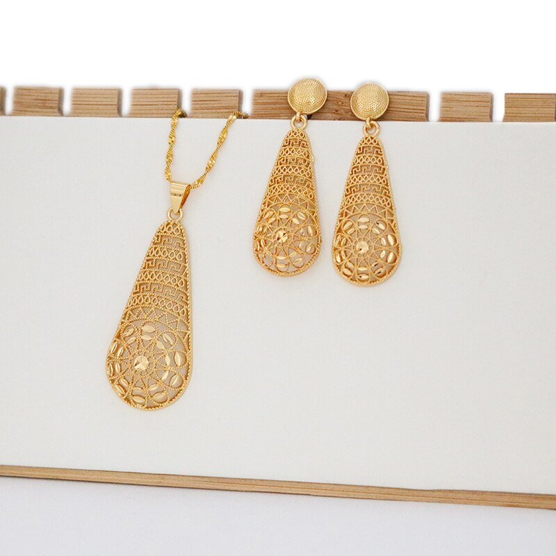 24k Gold Plated Ethiopian Earrings Pendant Necklace Set Dubai Women's Jewelry Set Africa India Nigeria Wedding Gift Party Jewelr