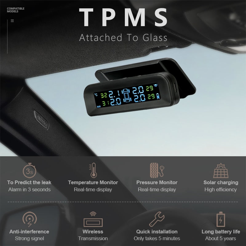 Jansite TPMS Car Tire Pressure Alarm Monitor System Real-time Display Attached to glass wireless Solar power tpms with 4 sensors