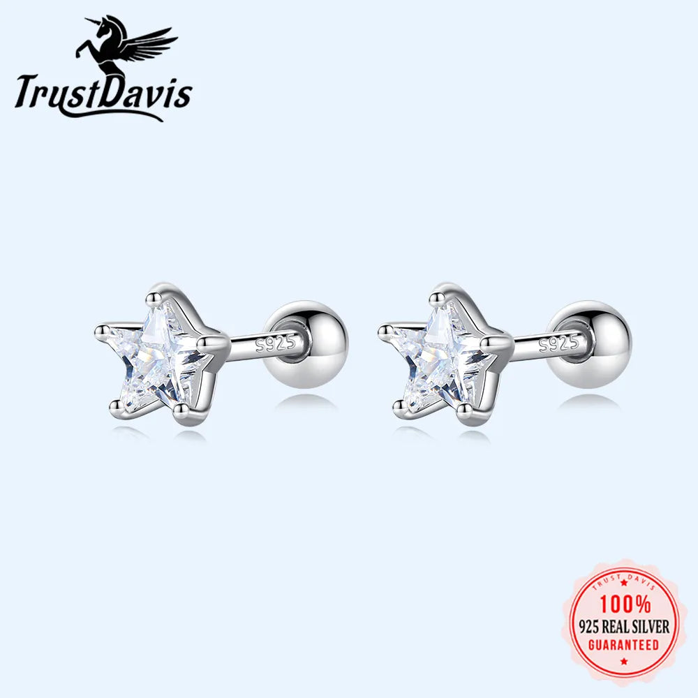 Trustdavis Real 925 Sterling Silver Star CZ Screw Stud Earrings For Women Children Baby Girl Kids Mini Minimalist Jewelry DA1871