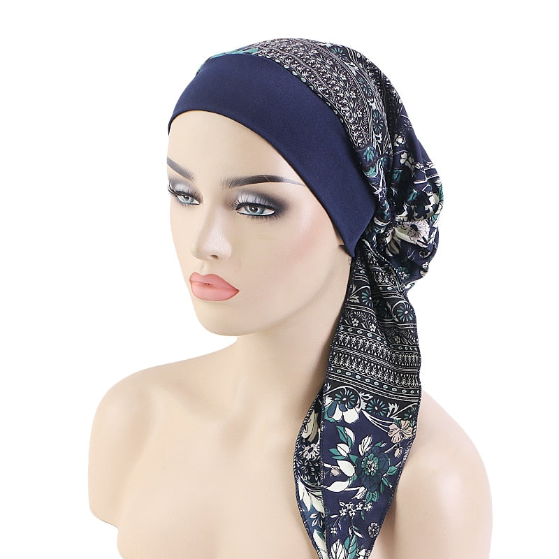 Women Printed Pre-tie Headscarf Elastic Muslim Female Turban Cancer Chemo Hat Hair Loss Cover Head Wrap Headwear Stretch Bandana