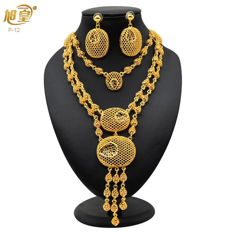XUHUANG Ethiopian Gold Plated Jewelry Set For Women Dubai Bridal Wedding Necklace And Earring Set Moroccan African Jewelry Gift