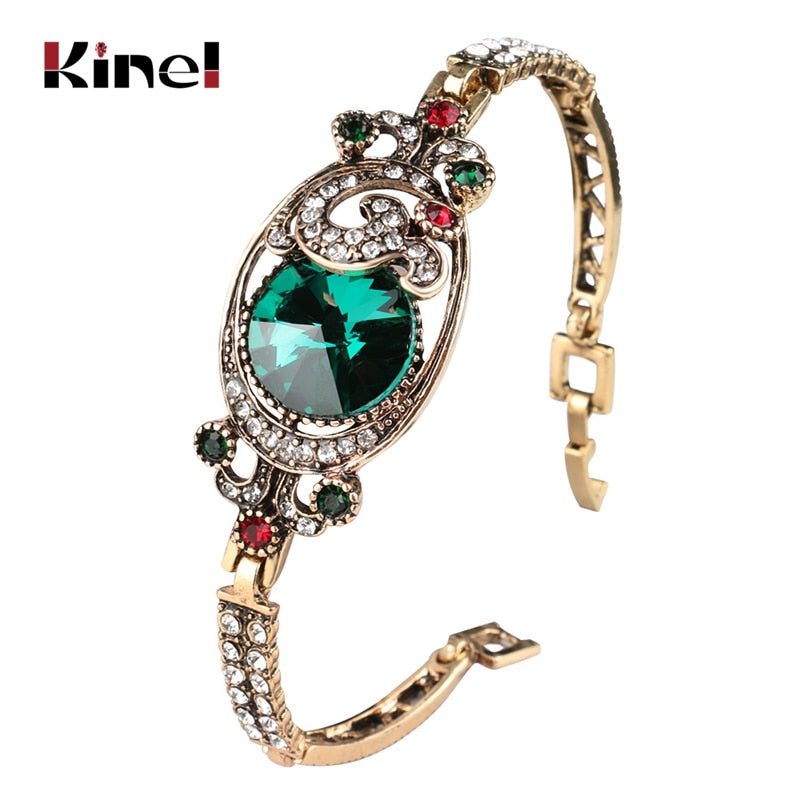 Luxury Vintage Green Satellites Bangles Antique Gold Color Colorful Crystal Turkish Bracelets For Women Bijouterie 2020 New