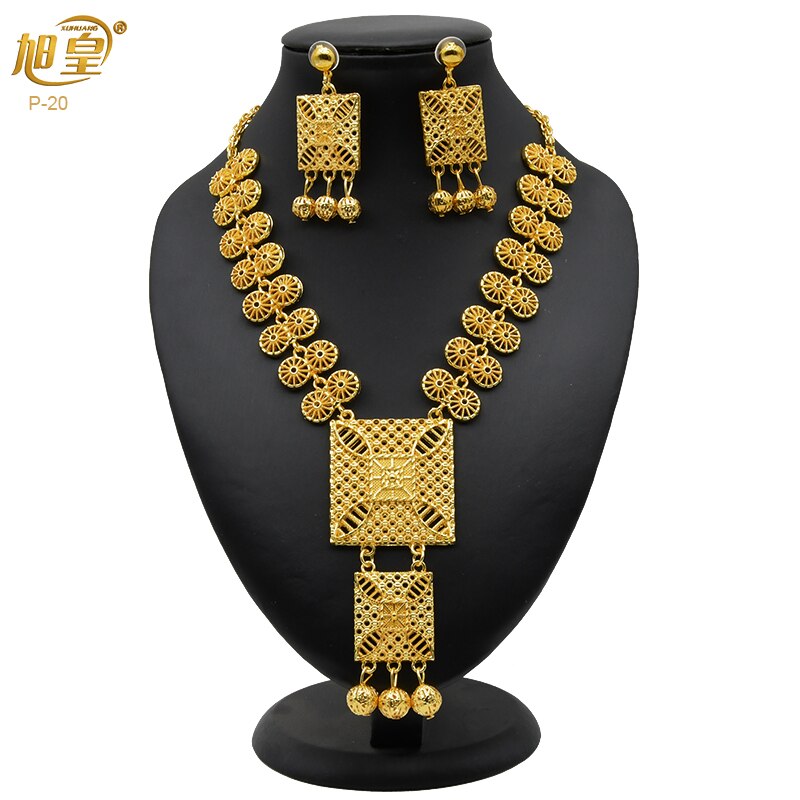 XUHUANG Dubai 24K Plated Necklace Earring Set Arabic Ethiopian Nigerian Banquet Wedding Party Necklace Choker Jewellery Set Gift