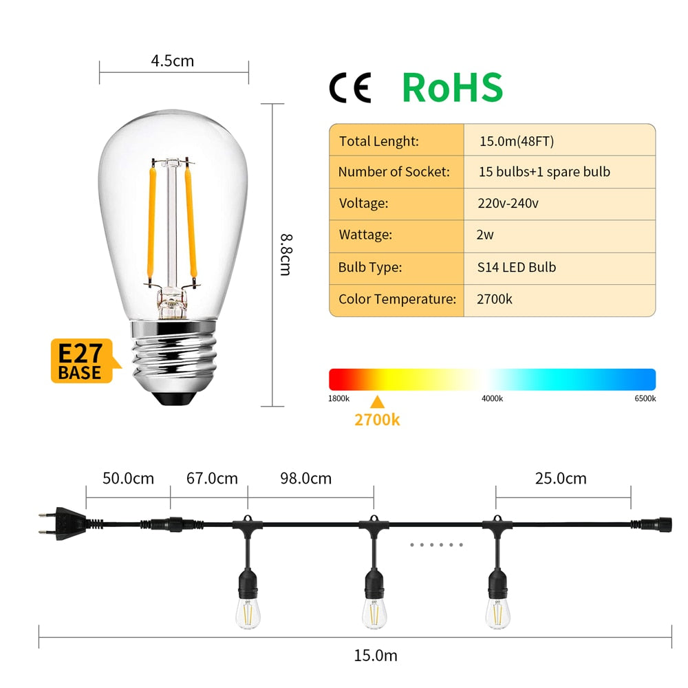 10m 15m IP65 LED Party Lights Outdoor S14 LED String Light For Patio Garden Holiday Wedding Lights