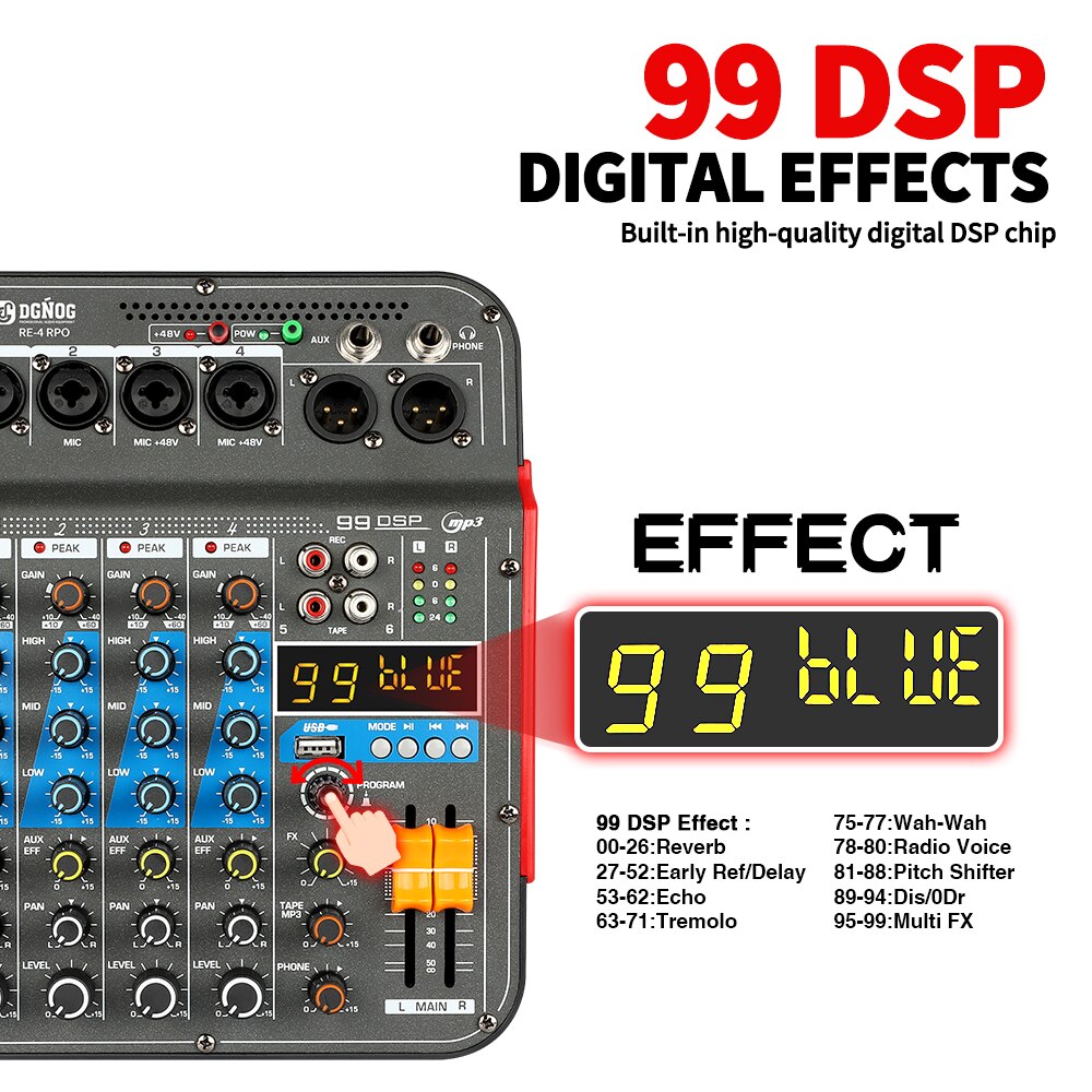 4 Channel Sound Mixer RE-4 PRO 99 DSP Effects Professional Studio Audio Mixing DJ Console Bluetooth for PC Stage Podcast Record