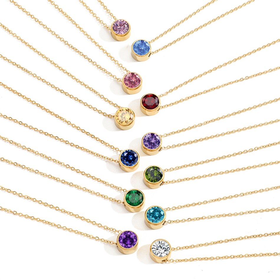 JUJIE 316L Stainless Steel Crystal Necklace For Women Fashion 12 Colors Birthstone Necklaces Jewelry Wholesale/Dropshipping