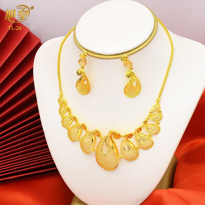 XUHUANG Dubai 24K Plated Necklace Earring Set Arabic Ethiopian Nigerian Banquet Wedding Party Necklace Choker Jewellery Set Gift