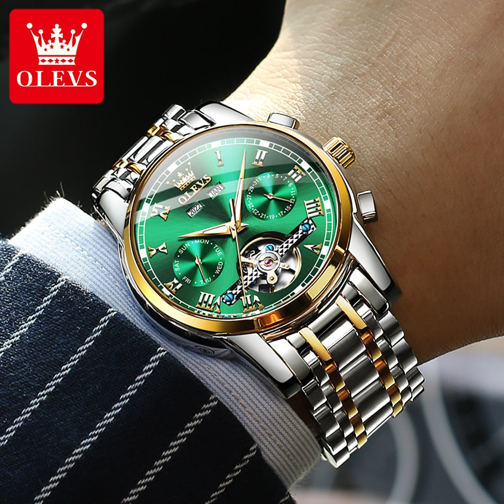 OLEVS Automatic Mechanical Men Watches Stainless Steel Waterproof Date Week Green Fashion Classic Wrist Watches Reloj Hombre