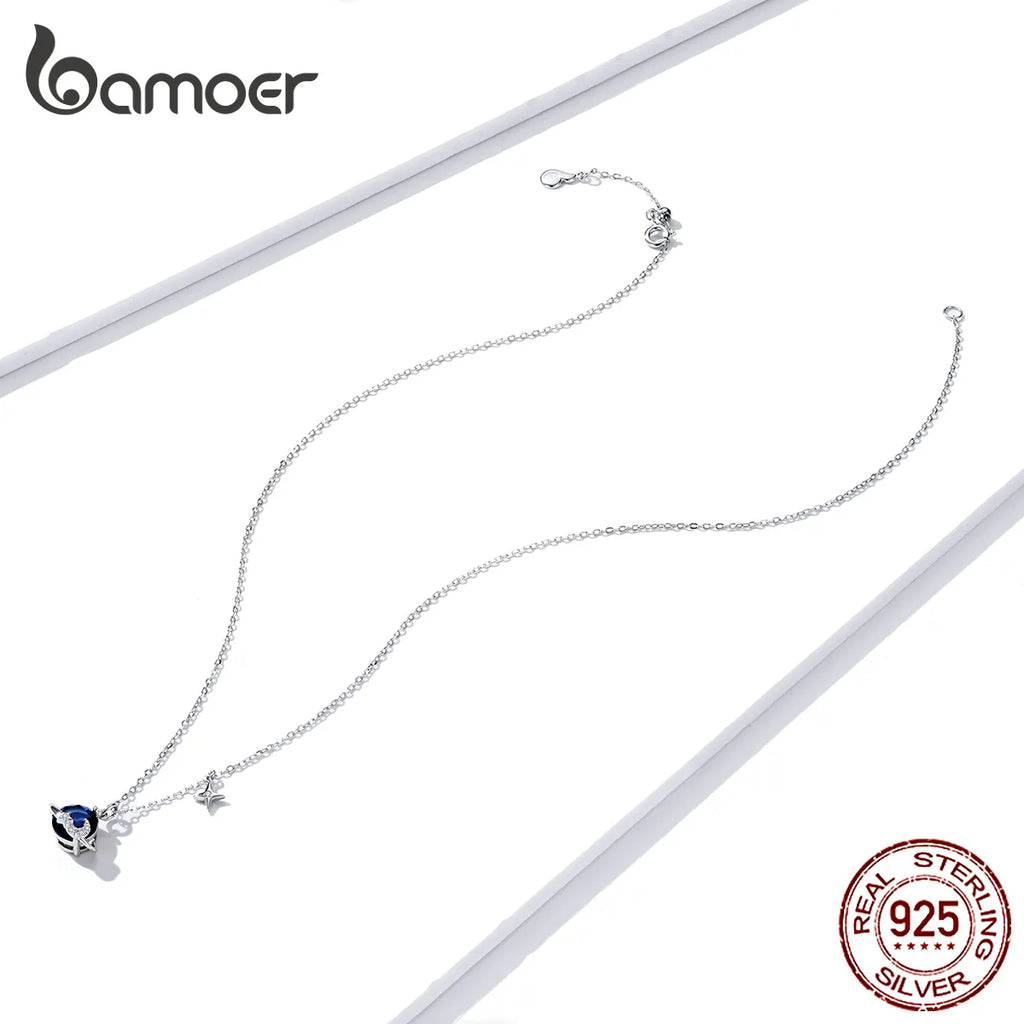 bamoer 925 Sterling Silver Blue Planet Pendant Necklace for Women Stars Design Engagement Statement Jewelry Colllar BSN166
