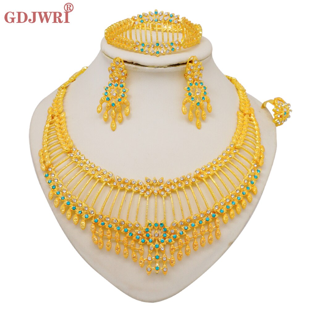 Dubai Indian Gold Color Necklace Bracelet Earrings Ring Jewelry Sets For Women Ethiopian Nigerian Bridal Wedding Jewellery Gifts