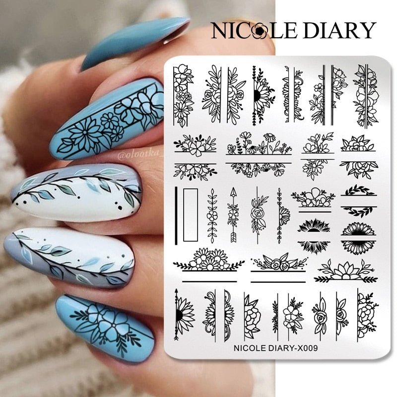 NICOLE DIARY Leaves Flower Stripe Design Stamping Plates Abstract Lady Face Nail Stamp Templates Leaf Floral Printing Stencil