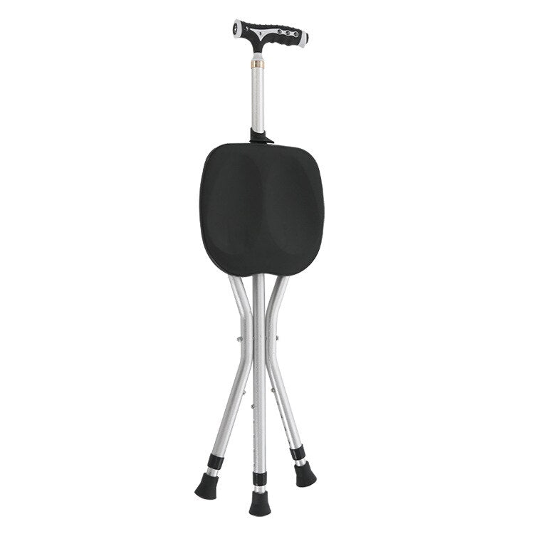 2in1 Folding Walking Stick Tripod Stool Adjustable Height Anti-Slip Elderly Walking Cane Crutch Chair Rest Stool with LED Light