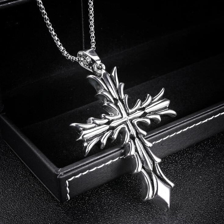 Fashion Vintage Flame Cross Pendant Necklace For Women Men Long Chain Punk Goth Trendy Accessories Choker Gothic Jewelry