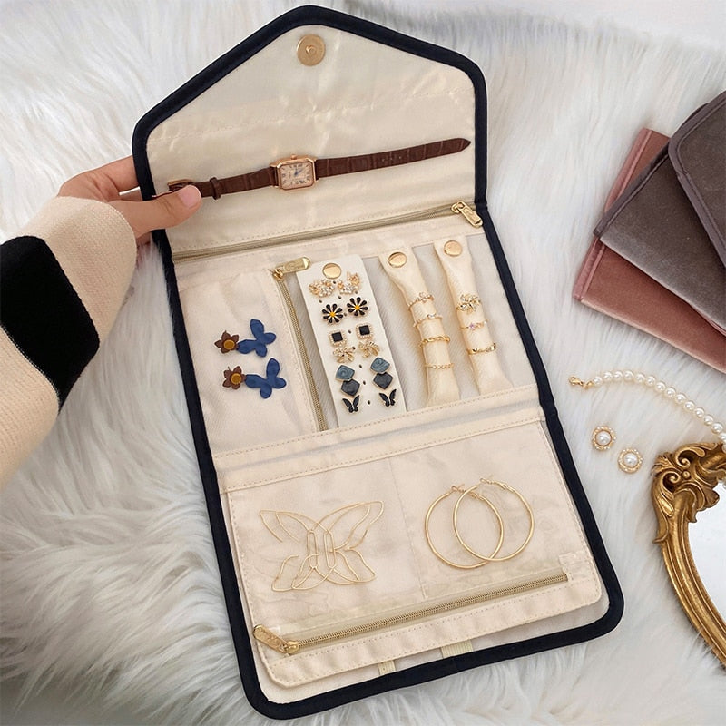 Roll Foldable Jewelry Case Travel Jewelry Organizer Portable for Journey Earrings Rings Diamond Necklaces Brooches Storage Bag