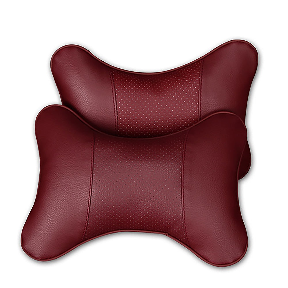 2pcs Car Neck Pillow  Double-sided PU Leather Perforating Design Hole-digging Car Headrest pillow Auto Safety Accessories