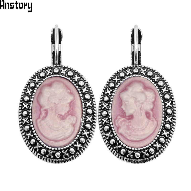 Lady Queen Cameo Hook Earrings For Women Vintage Look Antique Silver Plated Fashion Jewelry TE491