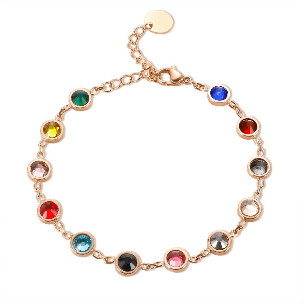 JINHUI Colorful Bejeweled Bracelet Popularity T S Stainless Steel Bangle for Women 12 Birthstones Rainbow Crystal Chain Jewelry