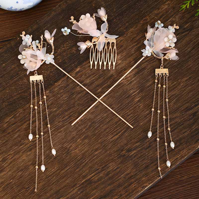 FORSEVEN Chinese Hair Accessories Women Flower Pearls Hairpins Long Tassel Headpieces Sticks Hair Comb Bridal Jewelry Sets