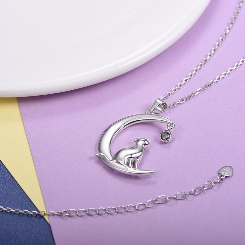 U7 Authentic 100% 925 Sterling Silver Cat Moon Necklace Meditation Women Jewelry   Chain &amp; Pendant Valentine Gift SC17