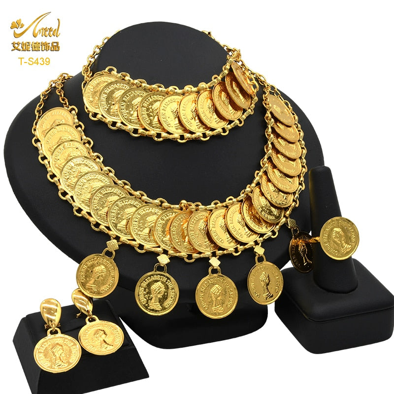 ANIID Dubai Gold Plated Coin Necklace Bracelet Jewelry Sets For Women African Ethiopian Bridal Wedding Luxury Jewellery Gifts