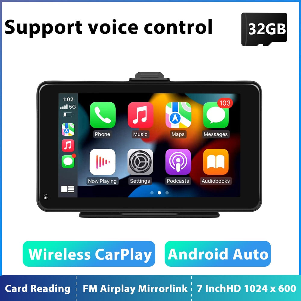 Podofo Universal 7'' Car Radio Wireless Carplay Android Auto Multimedia Video Player Touch Screen Monitor Tablet Smart TV