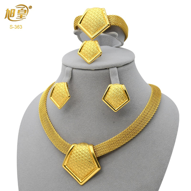 XUHUANG African Necklaces Bracelets Earing Sets Nigerian Wedding Jewelry Set Ethiopian Gold Colour Necklace Jewellery Set Gifts